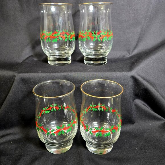Vtg Libbey Holly Berry Christmas 14oz Tumblers Gold Rim Set of 4 Vintage Holiday - Picture 1 of 10